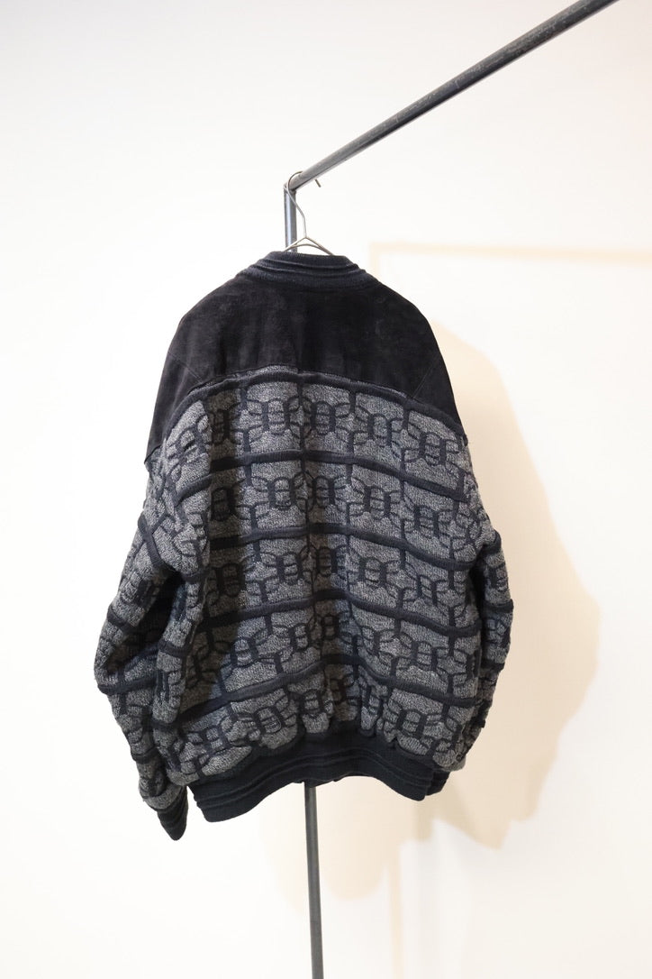80's leather patched 3D knit cardigan-blouson