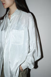 80's Benetton - rayon satin stripe blouse with pleated shoulder