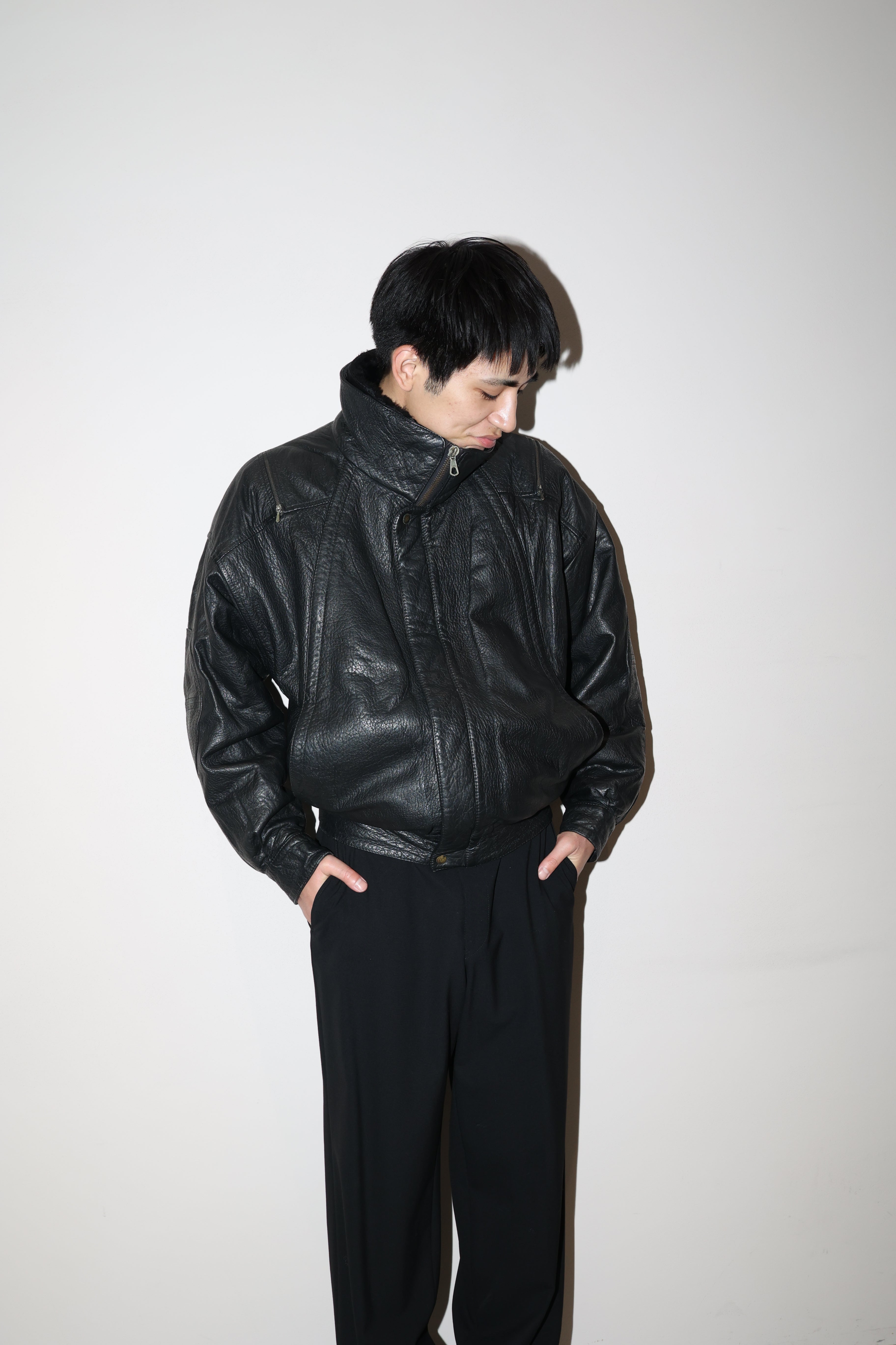 80’s leather padded blouson with detachable boa collar