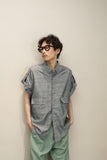 80’s French label - metallic rayon/cotton 2-way sleeve irregular front pocket shirt
