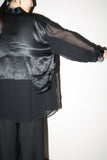 satin&sheer switched fabric oversized shirt with charming pockets