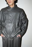 80's European label - gray color leather zip-up padded jacket