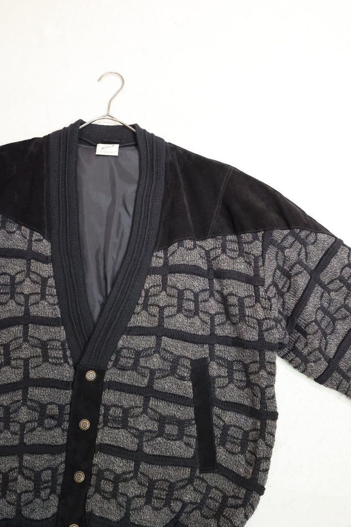 80's leather patched 3D knit cardigan-blouson