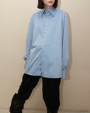90-00's German label - glossy cotton oversized blue shirt