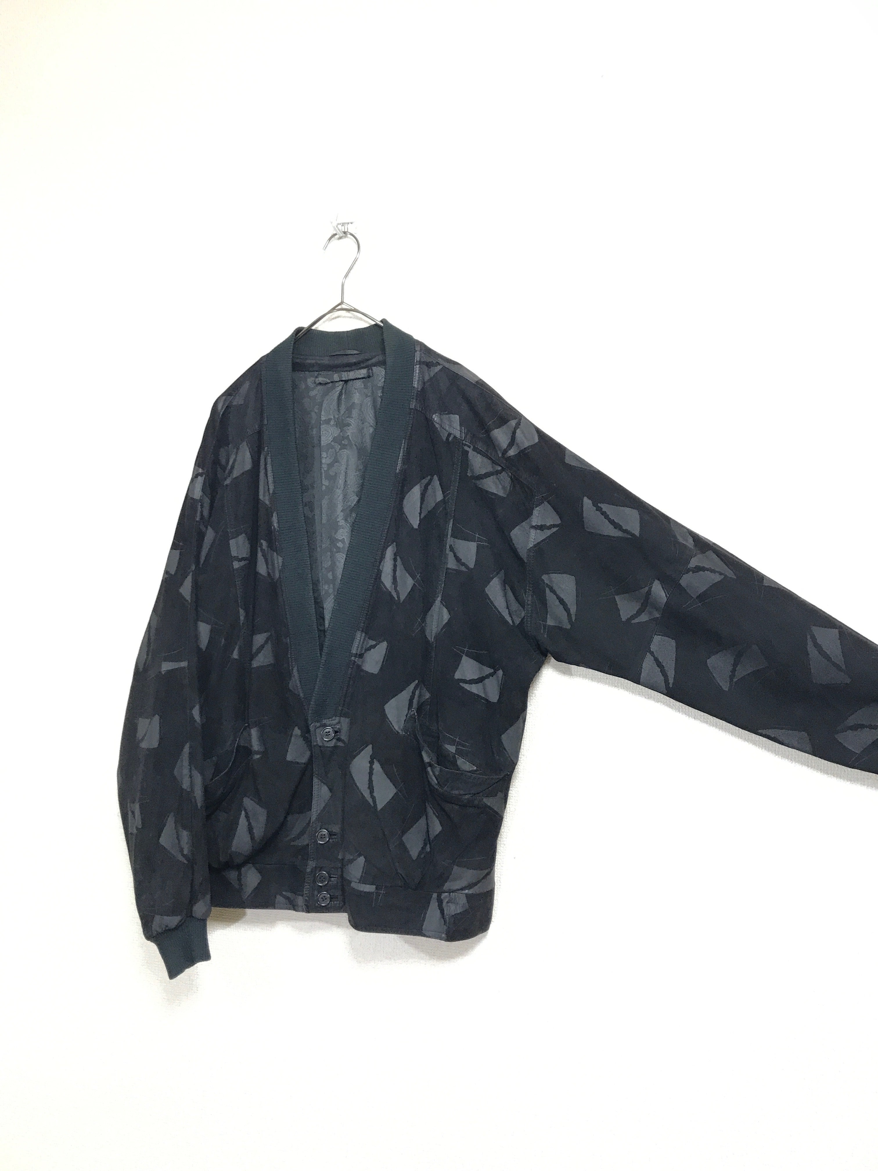 80's atomic pattern suede leather collarless blouson