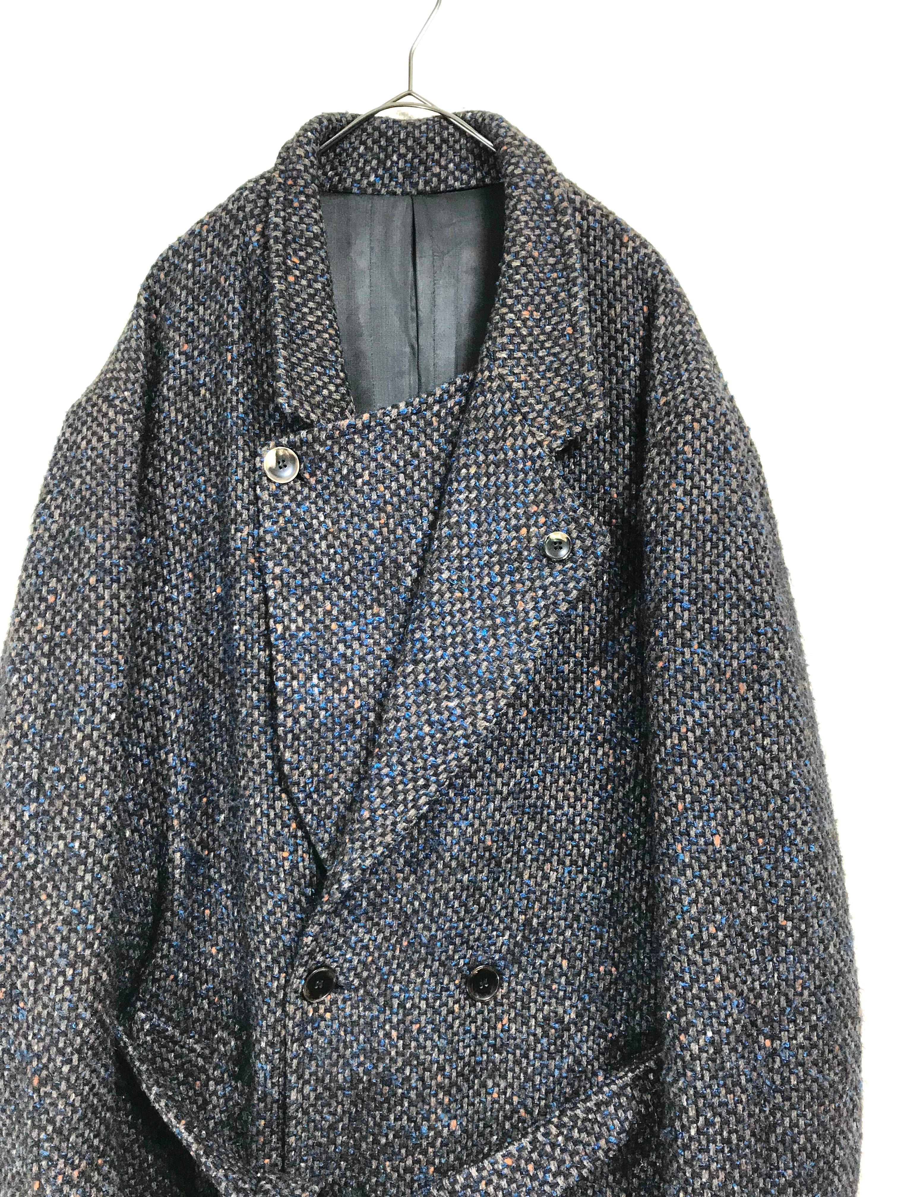 80's mix color tweed 2-way neck coat